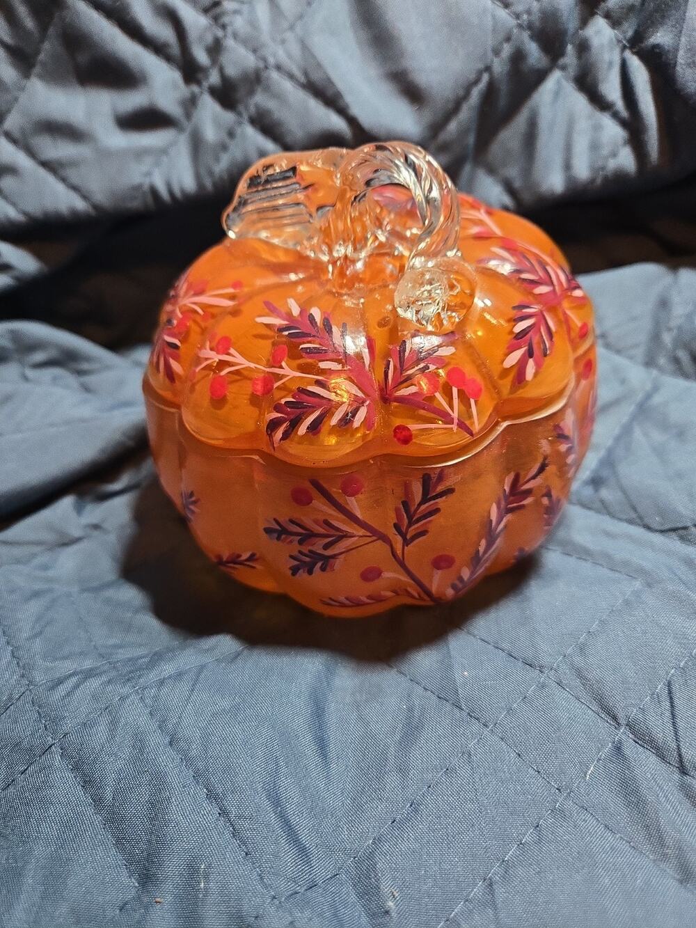 Anthropologie Gourmand Blown Glass Hand Painted Pumpkin Jar. No Candle